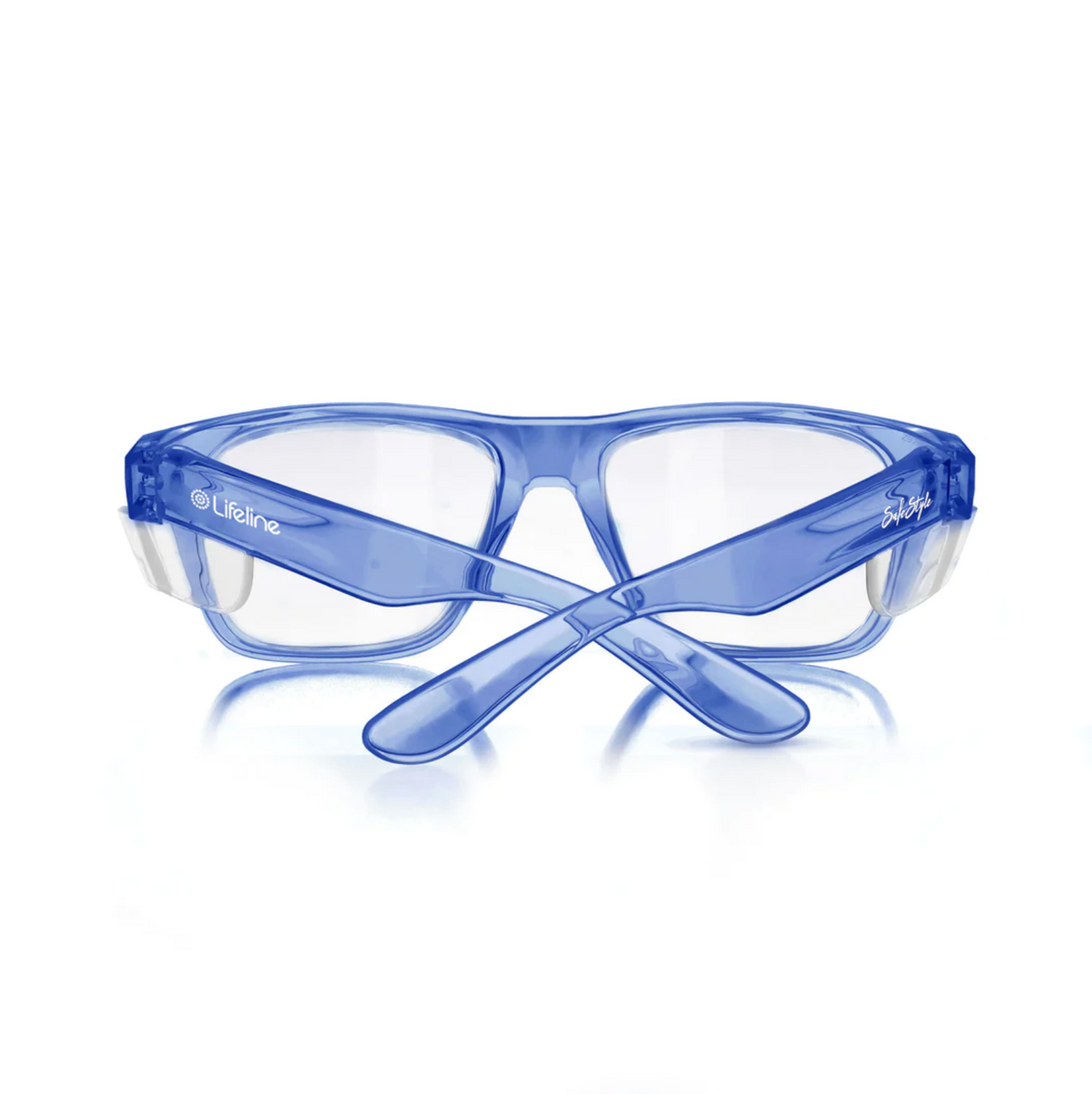 SafeStyle Fusions blue safety goggles with clear lenses and side shields offer strong UV protection. With the brand logo on the temples alongside "Lifeline," these goggles meet high safety ratings and have a slight bluish tint for your peace of mind.
