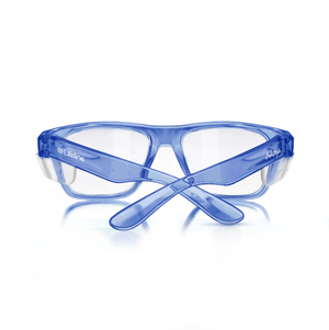 SafeStyle Fusions blue safety goggles with clear lenses and side shields offer strong UV protection. With the brand logo on the temples alongside "Lifeline," these goggles meet high safety ratings and have a slight bluish tint for your peace of mind.