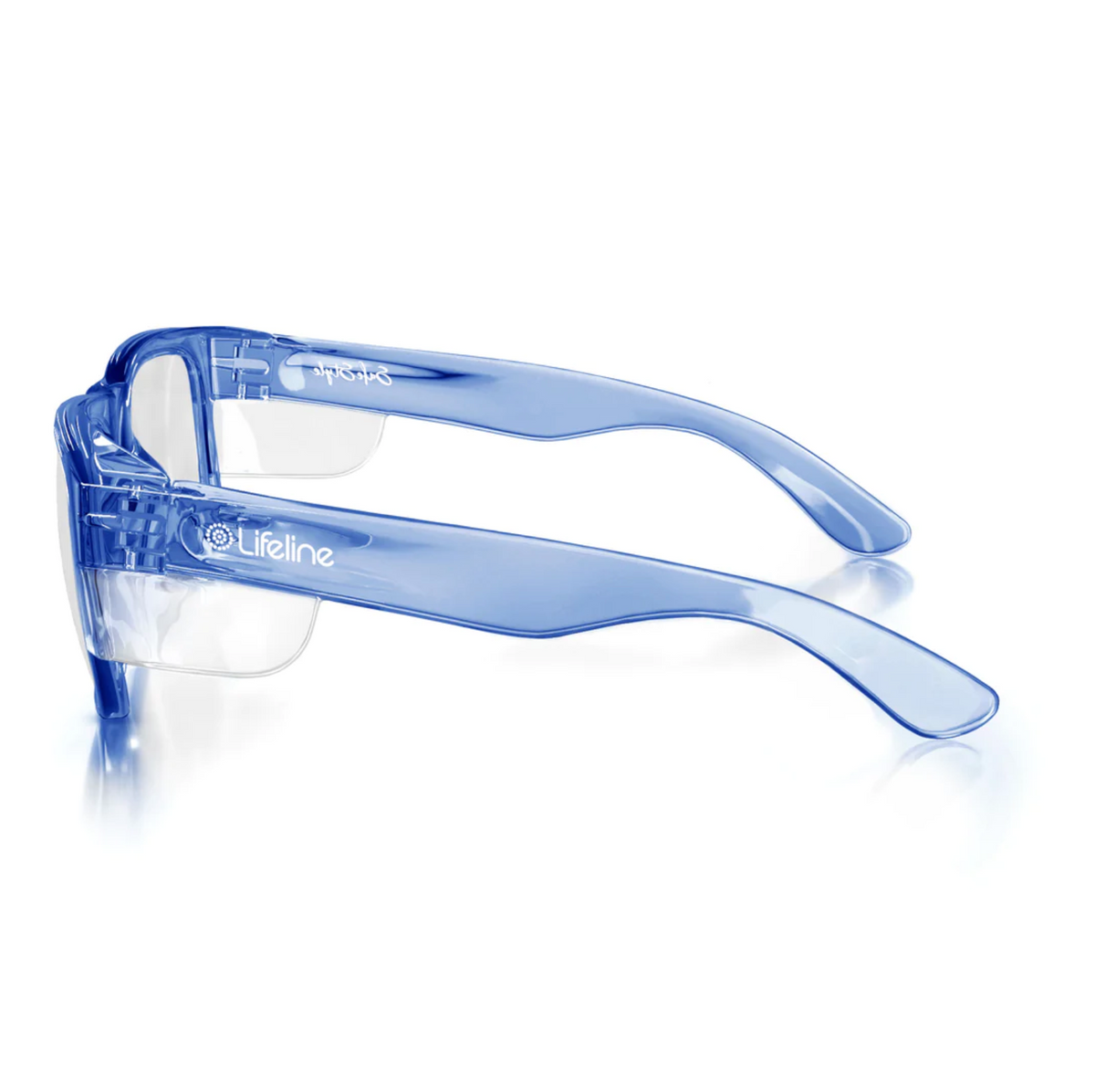 The SafeStyle Fusions glasses feature clear lenses, translucent blue frames, and "Lifeline" branding. They offer UV protection and a high safety rating for style and safety. Displayed on a white background, these cycling glasses ensure peace of mind.