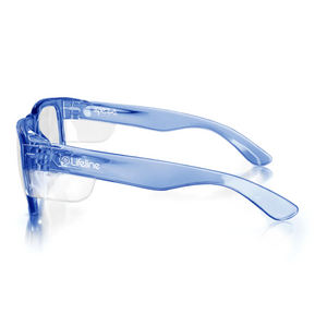 The SafeStyle Fusions glasses feature clear lenses, translucent blue frames, and "Lifeline" branding. They offer UV protection and a high safety rating for style and safety. Displayed on a white background, these cycling glasses ensure peace of mind.