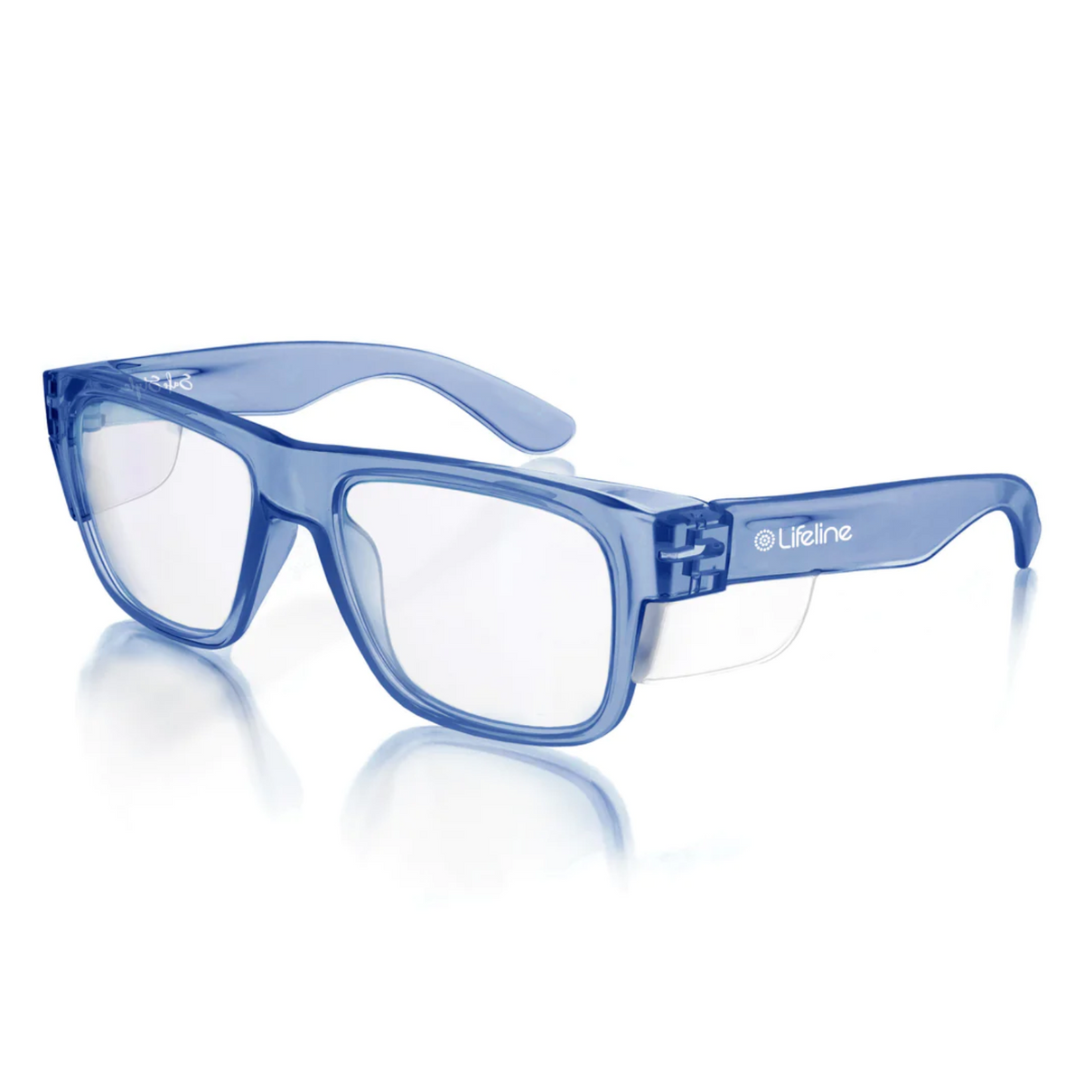 SafeStyle Fusions with a blue frame, clear lens, and side shields are branded with "Lifeline" on the temple. They provide UV protection with a sleek design and meet top safety standards, making them suitable for various environments.