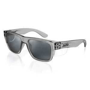 Introducing the SafeStyle Fusions Graphite Frame Tinted Lens sunglasses: a pair of stylish, translucent gray sunglasses with dark, rectangular tinted lenses. The graphite frame features a sleek logo that reads "Slick Style" in black script near the hinges. Combining fashionable design with UV protection, these sunglasses are both modern and functional.