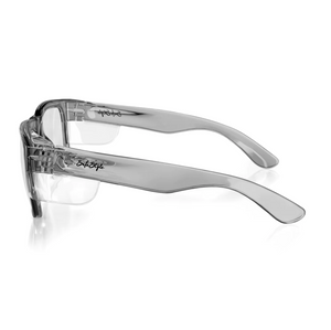 The SafeStyle Fusions Graphite Frame Clear Lens features sleek, wraparound design with gray-tinted polycarbonate lenses, smooth thick temples, and a signature logo on graphite arms.