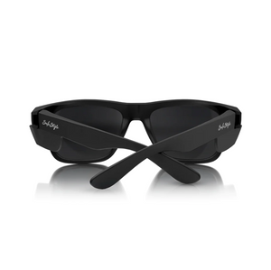 Matte black SafeStyle Fusions sunglasses with crossed arms and reflective rectangular lenses, featuring UV protection. "SafeStyle" is written in white on the temples. Displayed against a plain white background.
