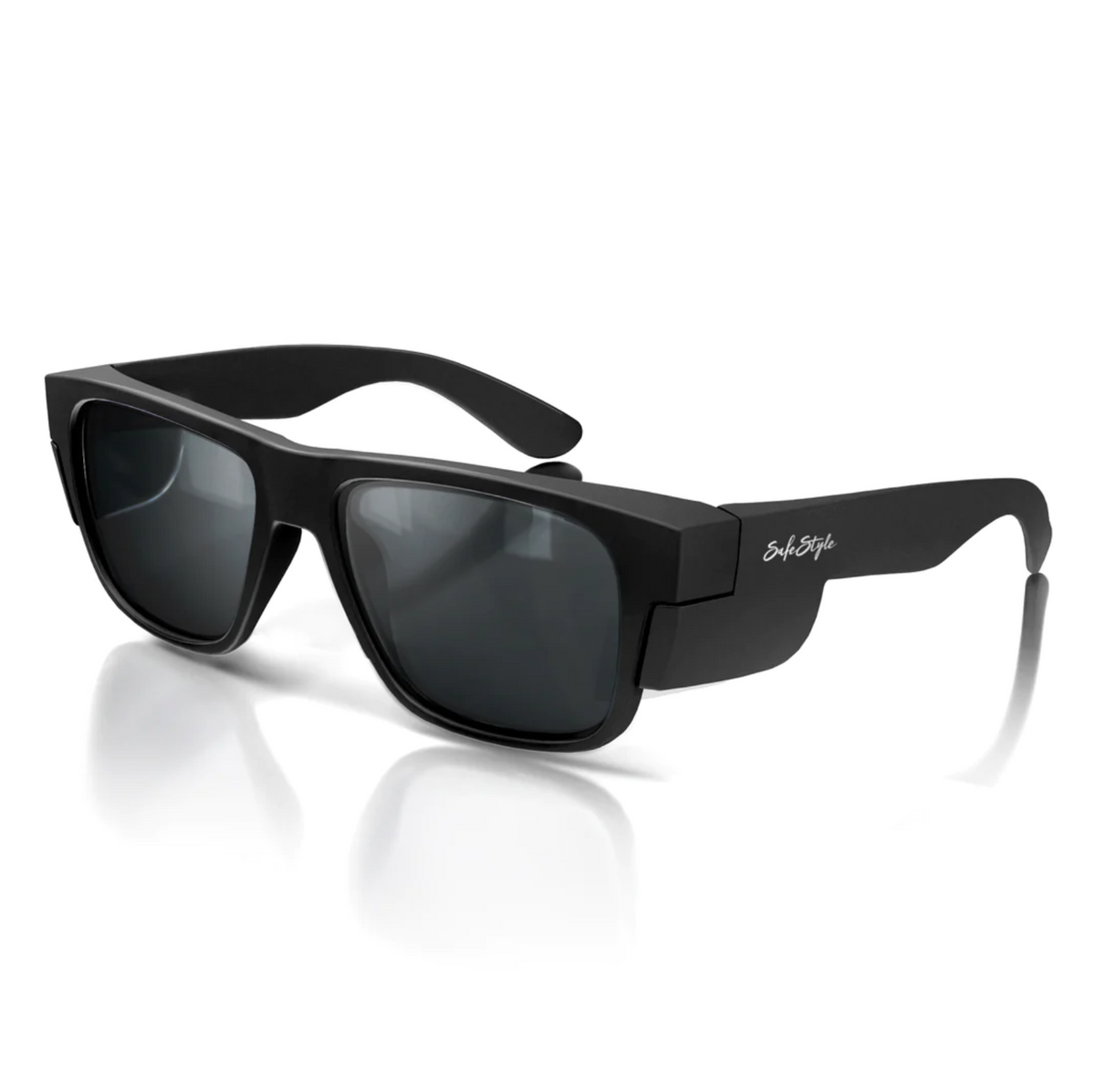 SafeStyle Fusions Matte Black rectangular sunglasses feature polarised lenses, providing superior UV protection with a signature on the arms, shown on a white surface.