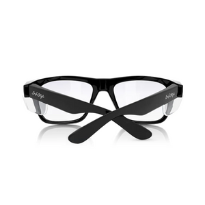 The partially folded SafeStyle Fusions with black rectangular frames and clear lenses are displayed on a white background. "Eye Style" is elegantly inscribed on the temples, offering UV protection for a practical and chic look.
