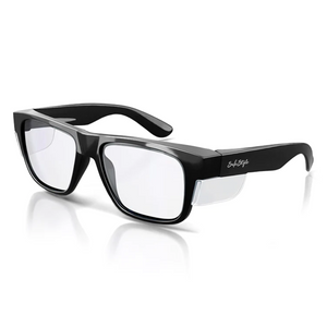 The SafeStyle Fusions Black Frame Clear Lens safety glasses feature rectangular lenses, side shields for UV protection, and a robust glossy black frame with a subtle logo, all showcased against a white background.