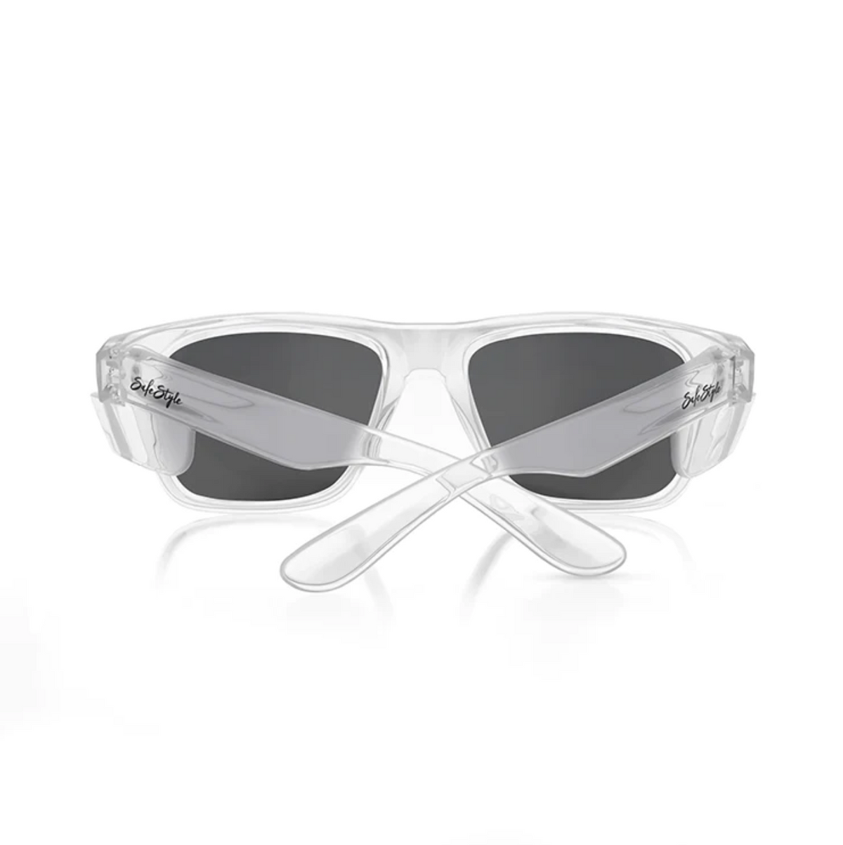SafeStyle Fusions sunglasses feature clear frames and dark polarized lenses for UV protection. They are depicted folded on a white surface, viewed frontally.