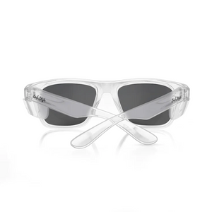 SafeStyle Fusions sunglasses feature clear frames and dark polarized lenses for UV protection. They are depicted folded on a white surface, viewed frontally.