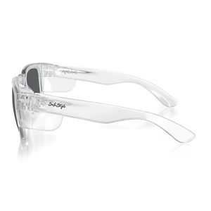 The SafeStyle Fusions sunglasses with clear frames and polarised lenses are shown from a side view. They feature curved arms, a sleek design, subtle arm logo, UV protection, all on a plain white background.