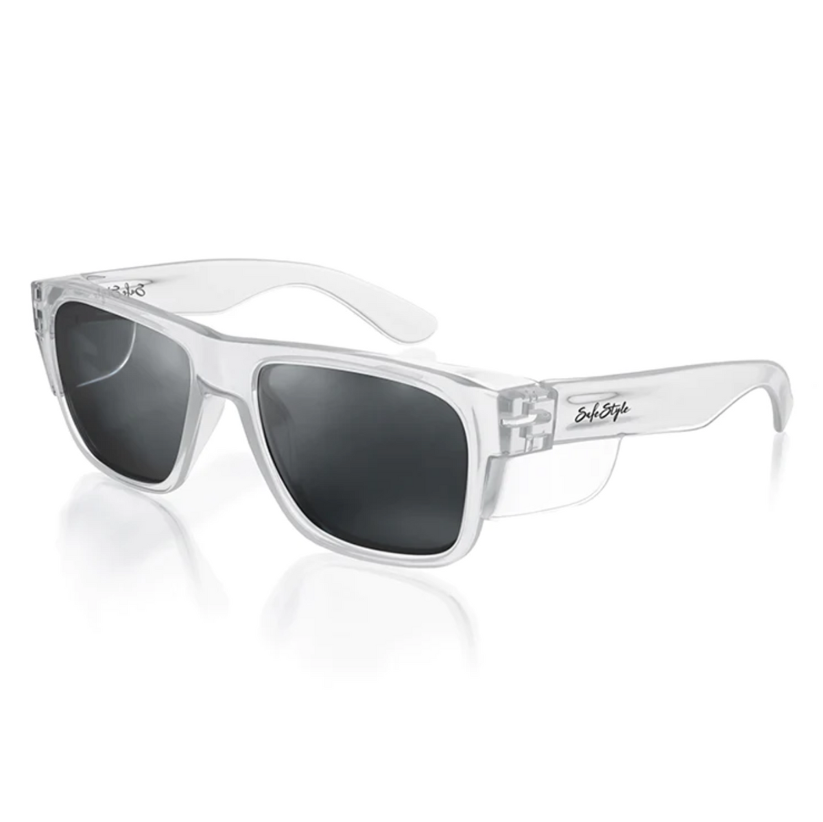 The SafeStyle Fusions Clear Frame Polarised Lens sunglasses provide excellent UV protection with a rectangular shape and subtle temple branding.