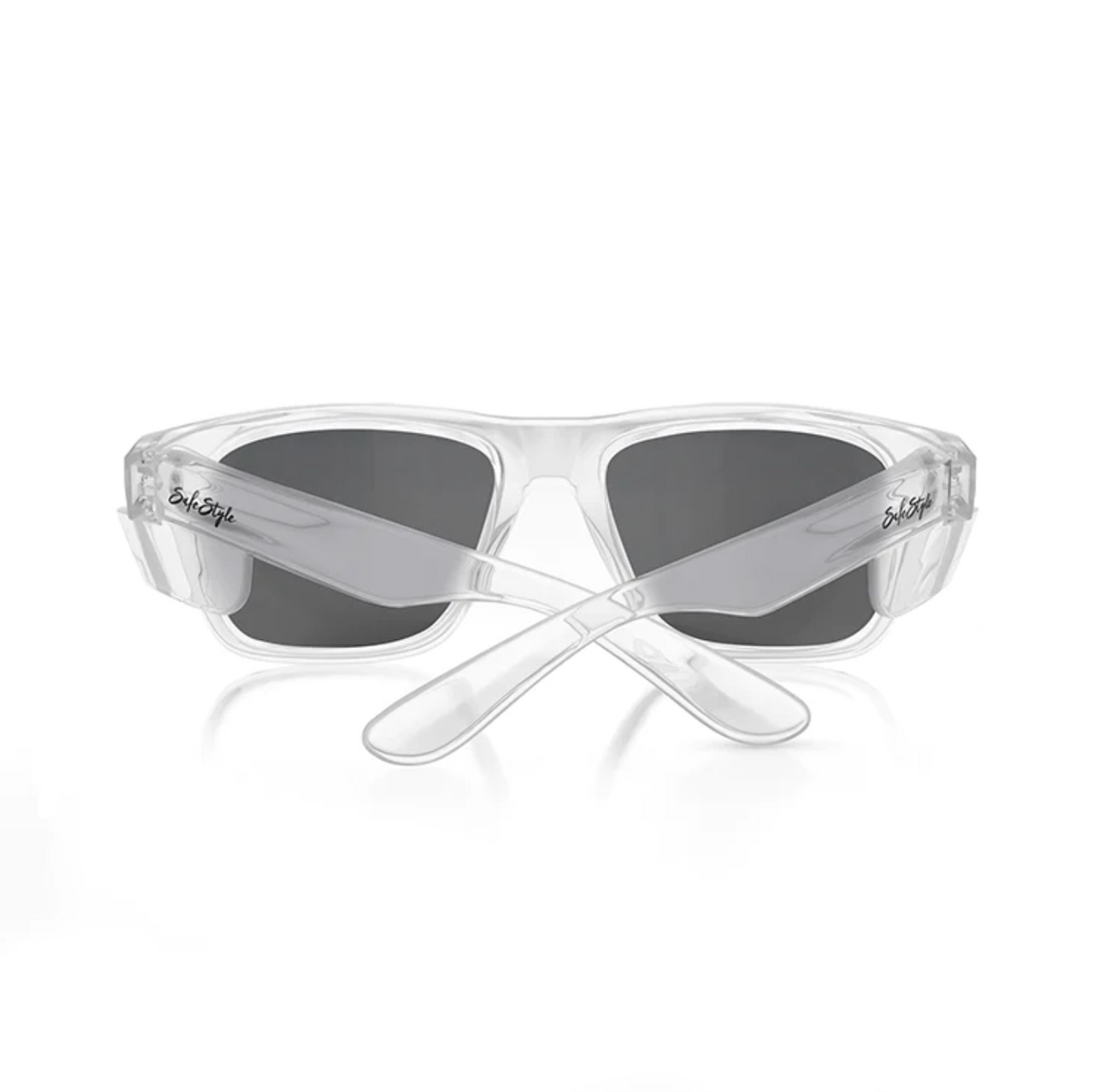 SafeStyle Fusions feature sleek clear frames with tinted lenses that offer UV400 protection. From the back, crossed arms reveal the brand subtly on the inside left arm of their polycarbonate build.