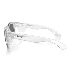 Viewed from the side, SafeStyle Fusions feature clear frames and black-tinted lenses. The translucent arms elegantly display the "Solo Style" brand. With polycarbonate frames and UV400 protection, these sunglasses are a modern blend of style and functionality.
