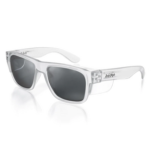 SafeStyle Fusions sunglasses feature clear rectangular polycarbonate frames, tinted lenses with UV400 protection, and a branded logo on the temple. The sleek, modern design offers a transparent look on a plain white background.