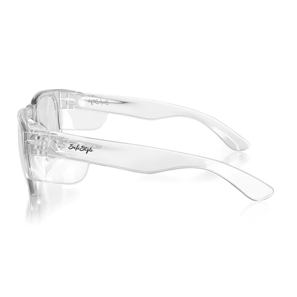 SafeStyle Fusions Clear Frame Clear Lens safety glasses, shown on a white background, feature transparent lenses and a durable polycarbonate frame with "Style" engraved on the side, providing UV protection.