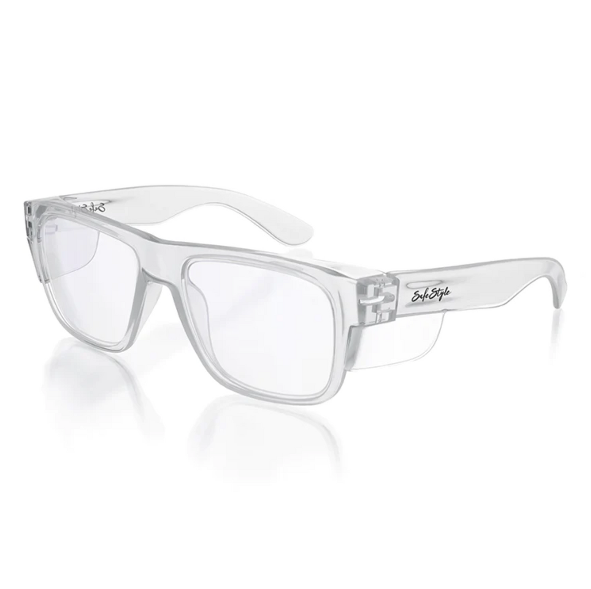 SafeStyle Fusions feature clear rectangular glasses with thick polycarbonate frames, wide temples, and a signature logo on the side. The non-prescriptive clear lenses offer UV protection. This modern style is sleek and ideal for any occasion.