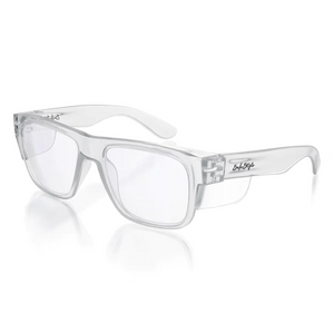 SafeStyle Fusions feature clear rectangular glasses with thick polycarbonate frames, wide temples, and a signature logo on the side. The non-prescriptive clear lenses offer UV protection. This modern style is sleek and ideal for any occasion.