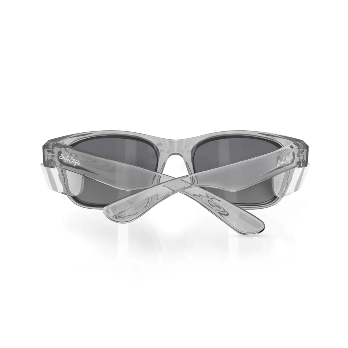 The SafeStyle Classics feature a graphite frame and tinted lenses with UV protection in a sleek, modern design. These translucent gray sunglasses have folded arms and are positioned with the front facing forward.