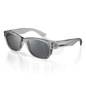 The SafeStyle Classics sunglasses feature a sleek graphite frame, partially translucent design, and dark tinted lenses with UV protection. The arms are inscribed with "Style Eyes," and they're displayed on a white background.