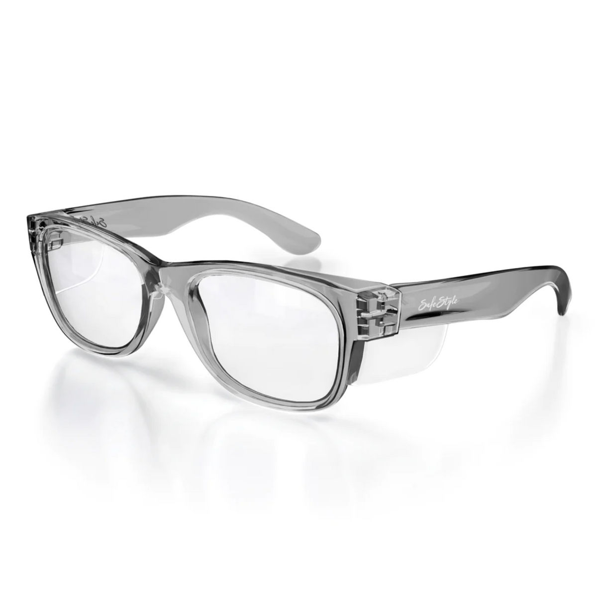 SafeStyle Classics features rectangular transparent safety glasses with polycarbonate frames, clear UV-protected lenses, and wraparound side shields. The thick temples display "SafeStyle" on the sides, while slightly oversized lenses enhance eye safety.