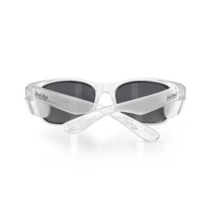 The SafeStyle Classics sunglasses feature clear, slightly angular frames with crossed arms, dark polarised lenses, and "SoloStyle" on the temple, providing stylish UV protection.