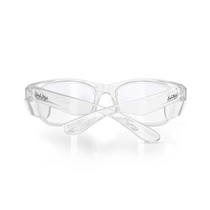 The SafeStyle Classics clear protective safety glasses feature a wraparound design with thick frames and lightly tinted lenses for UV protection. Designed with crossed arms, they're ideal for industrial or lab use and meet high safety standards for reliable eye protection.