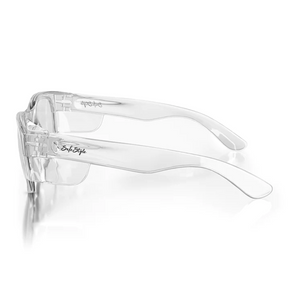 SafeStyle Classics glasses with clear rectangular lenses and wide arms are displayed on a white background. The arm features "SoftStyle," and the glasses offer UV protection, showcasing a modern, minimalist design.