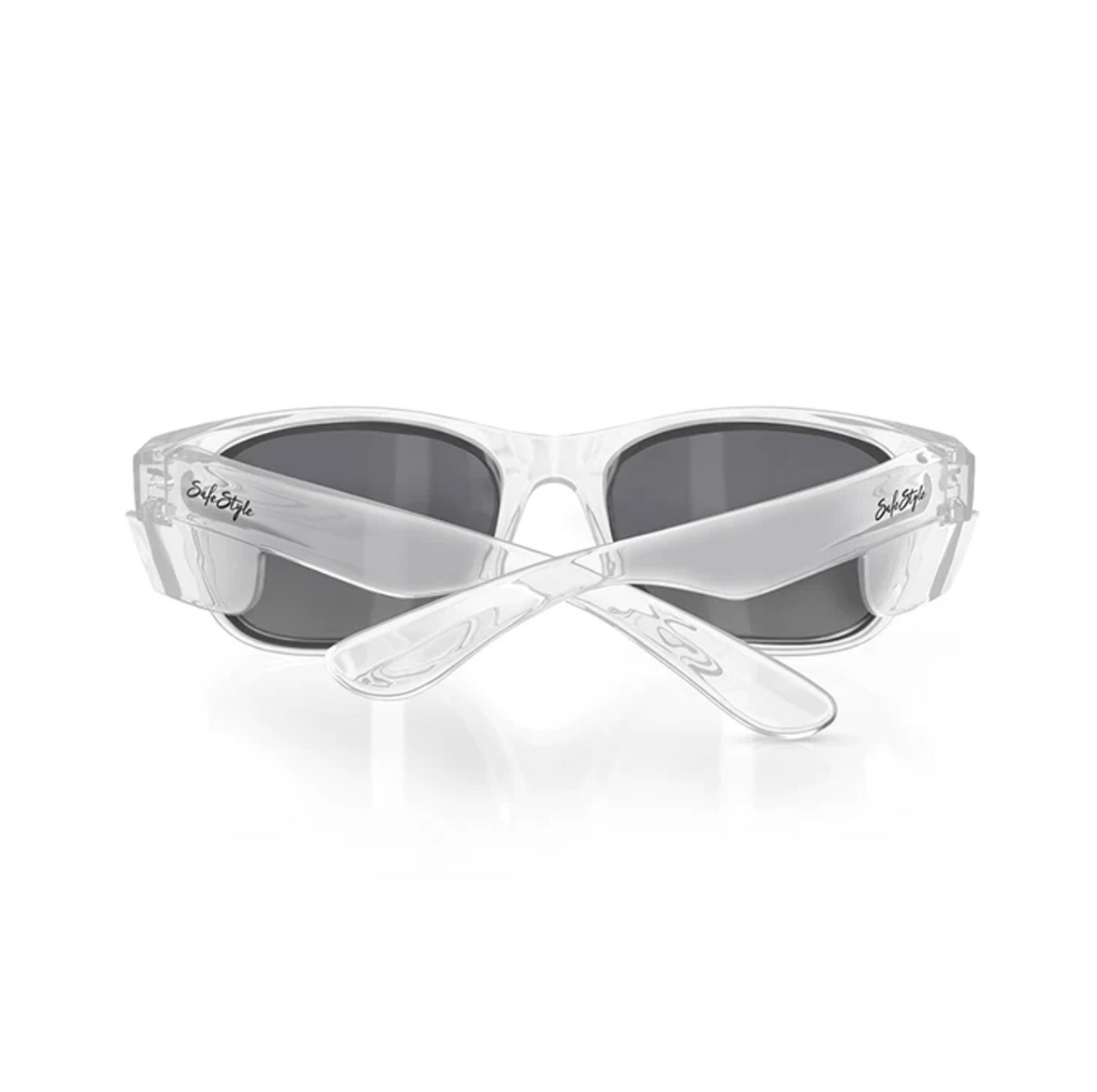 The SafeStyle Classics Clear Frame Tinted Lens sunglasses boast a wraparound style with excellent UV protection. They feature crossed arms with an engraved logo near the hinges on both sides, combining sleek, modern design with functionality.