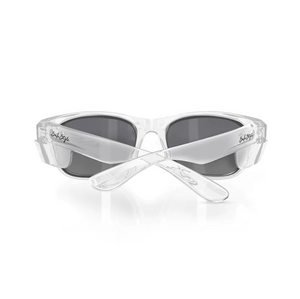 The SafeStyle Classics Clear Frame Tinted Lens sunglasses boast a wraparound style with excellent UV protection. They feature crossed arms with an engraved logo near the hinges on both sides, combining sleek, modern design with functionality.