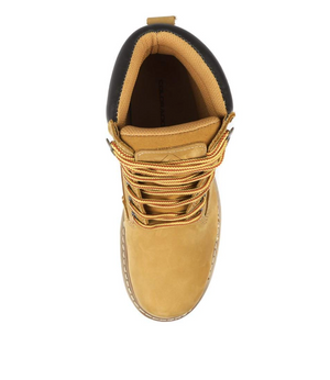 Top view of a single Colorado Altitude Boot in tan, featuring striking yellow laces. This boot sports a black padded collar, a high traction sole, and a rugged, durable design ideal for heavy-duty use. It showcases exceptional craftsmanship with precise stitching along the leather edges and a reinforced toe area.