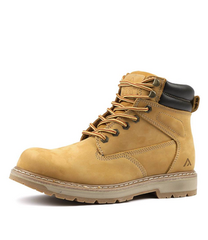 The Colorado Altitude Boot is a tan-colored leather work boot featuring black padding on the collar, sturdy laces, and metal eyelets. It boasts a rugged high traction sole for enhanced grip and durability, as well as visible stitching and reinforced sections for added support and longevity.