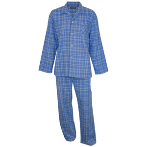 Enjoy supreme comfort with the Contare Country Winter Flannelette PJ Set. This blue plaid set, made from brushed cotton, includes a long-sleeved button-up top with a chest pocket and matching pants, ideal for relaxed evenings and peaceful nights.