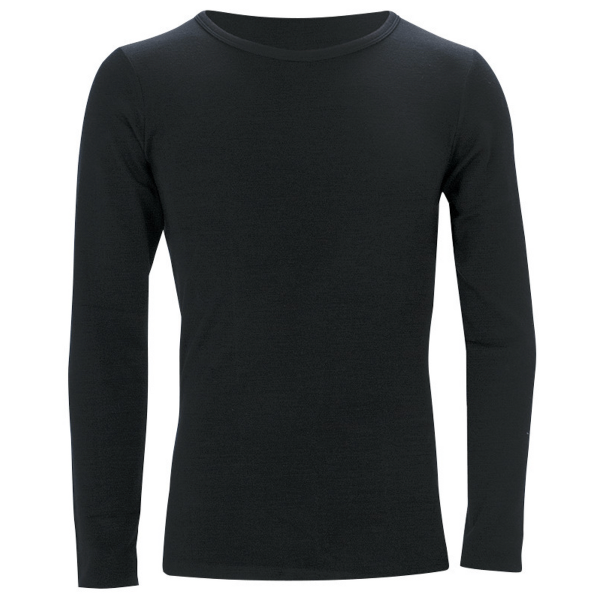 The Sherpa Unisex Merino Wool Long Sleeve Thermal Top is plain black, featuring a round neckline and fitted style, on a white background with no visible patterns or logos.