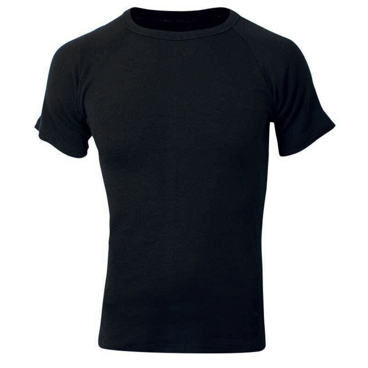 A Sherpa Unisex Polypro Short Sleeve Thermal Top in plain black, featuring moisture management, shown against a white background.