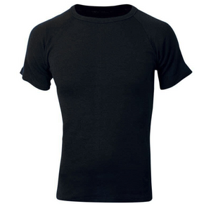 A Sherpa Unisex Polypro Short Sleeve Thermal Top in plain black, featuring moisture management, shown against a white background.