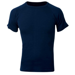A Sherpa Unisex Polypro Short Sleeve Thermal Top in plain navy blue on a white background features a round neckline, classic design, and moisture management for enhanced comfort.