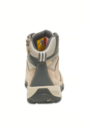 The CAT Argon Hi Side Zip Work Boot in beige and gray features a thick, slip-resistant sole, padded ankle support, steel toe protection, and the brand logo. It's designed with a rugged look ideal for outdoor activities or work environments.