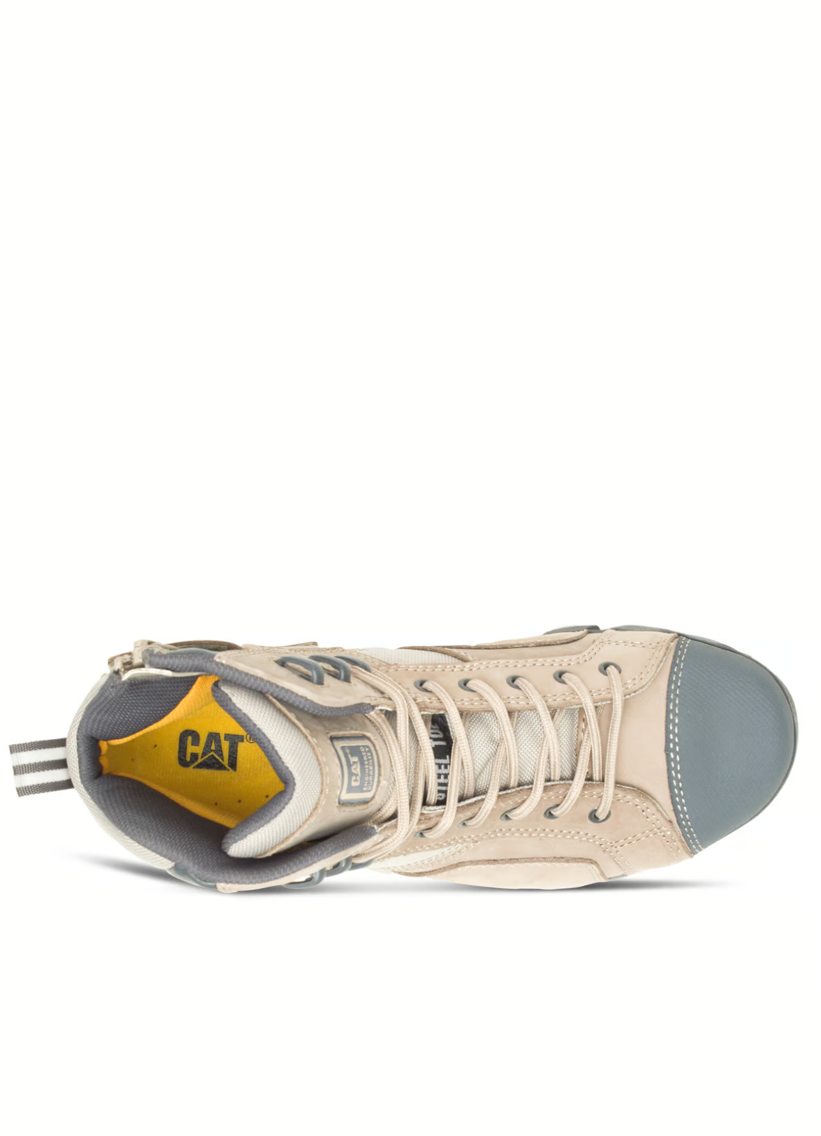 A top view of the CAT Argon Hi Side Zip Work Boot shows a beige high-top sneaker with a gray toe cap and laces, featuring a heel pull tab, slip-resistant soles, and a yellow CAT-branded insole. This durable shoe combines style and practicality for everyday wear.