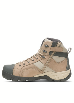The CAT Argon Hi Side Zip Work Boot is a tan and gray hiking boot with rugged tread, featuring a lace-up design and metal eyelets, side zipper, padded ankle support, slip-resistant durable sole, and reinforced toe cap for comfort and safety on any adventure.