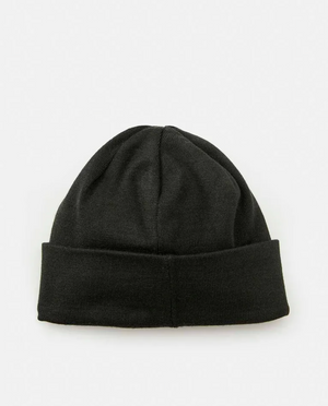 The Rip Curl Anti-Series Regular Beanie, black and knitted with a turned-up brim, offers warmth and comfort. Presented on a plain white background, this water-repellent accessory is ideal for facing the elements in style.