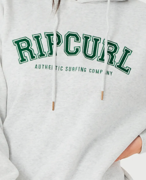 Close-up of a relaxed fit gray Rip Curl Varsity Hoodie with bold green "RIP CURL" above "AUTHENTIC SURFING COMPANY"; features white drawstrings with gold tips and cozy fleece lining for style and comfort.