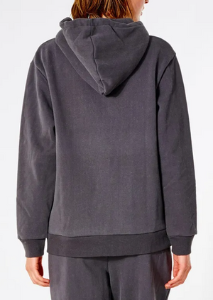 Wearing a dark gray Rip Curl Premium Surf Hoodie with the hood down, the person stands with their back to the camera. The relaxed-fit hoodie pairs perfectly with matching gray pants against a plain white background.