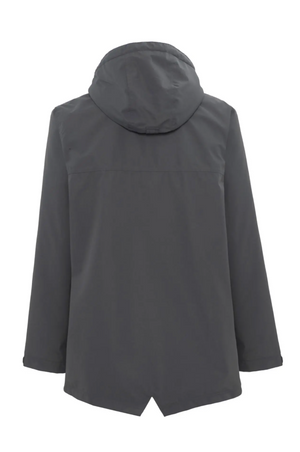 The back view of the Rainbird Altair Jacket showcases a dark gray, windproof design with long sleeves, a slightly curved hem, and fleece lining for warmth, ideal for casual or outdoor wear.