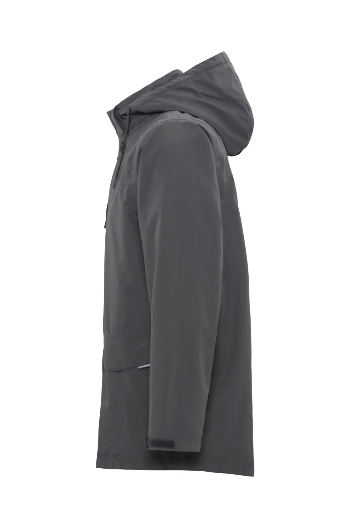 Side view of the Rainbird Altair Jacket, gray with a hood and fleece lining, displayed on a mannequin. It features a front zipper, long sleeves, and a sleek, modern design that is both windproof and stylish.