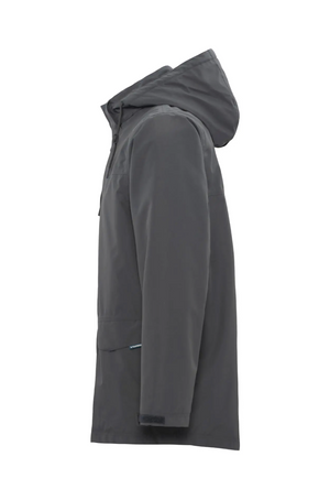 Side view of the Rainbird Altair Jacket, gray with a hood and fleece lining, displayed on a mannequin. It features a front zipper, long sleeves, and a sleek, modern design that is both windproof and stylish.