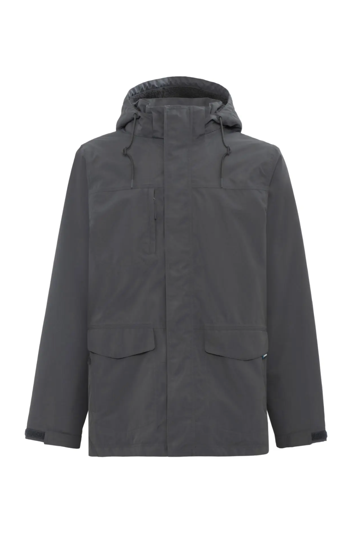 The Rainbird Altair Jacket is a dark gray, windproof, fleece-lined hooded jacket featuring long sleeves, a front zipper with button closures, two large front pockets with an additional chest pocket, adjustable drawstrings on the hood, and is designed to be waterproof.