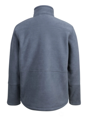 A back view of the long-sleeved, dark gray Rainbird Lumber Jacket features a stand-up collar and seams running horizontally across both the shoulders and mid-section. Made from soft polyester, this fleece-lined jacket offers a simple and cozy design.