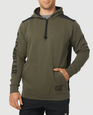 A person is wearing an olive green CAT Logo Panel Hooded Sweat with black accents and "Caterpillar" written in black on the left sleeve. The sweatshirt includes a hidden velcro phone pocket, a front pocket, and drawstrings. The individual is also dressed in black pants, set against a plain white background.