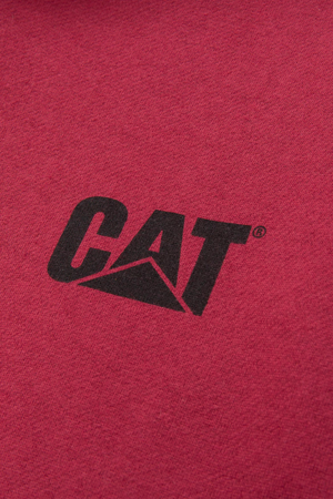 CAT Trademark Banner Hooded Sweat in red fabric features a black CAT logo with a triangular design under the letters and a cozy fleece lining.