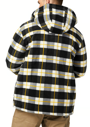 A person seen from the back wears the CAT Active Work Jacket featuring a black, white, gray, and yellow plaid fleece design with an insulated hood and adjustable cuffs, paired with tan pants.